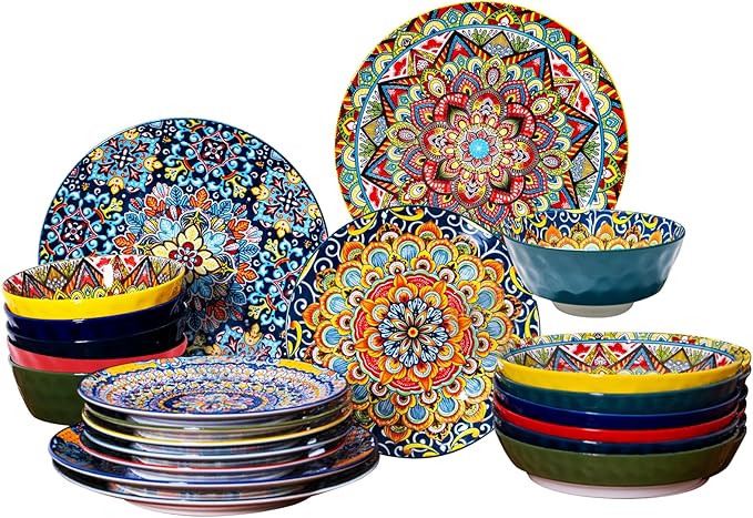 24 Pieces Dinnerware Sets Plates and Bowls Set Porcelain Dishes Set for 6 Microwave and Dishwasher Safe Scratch Resistant Bohemian Style Dishes Set Service for 6