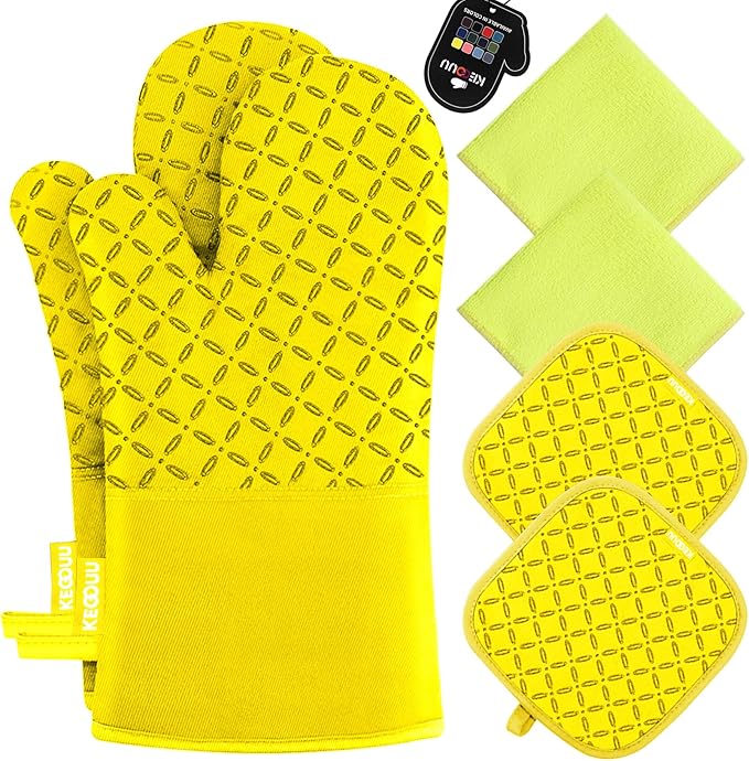 KEGOUU Oven Mitts and Pot Holders 6pcs Set Kitchen Oven Glove High Heat Resistant 500 Degree Extra Long Oven Mitts and Potholder with Non-Slip Silicone Surface for Cooking (Yellow)