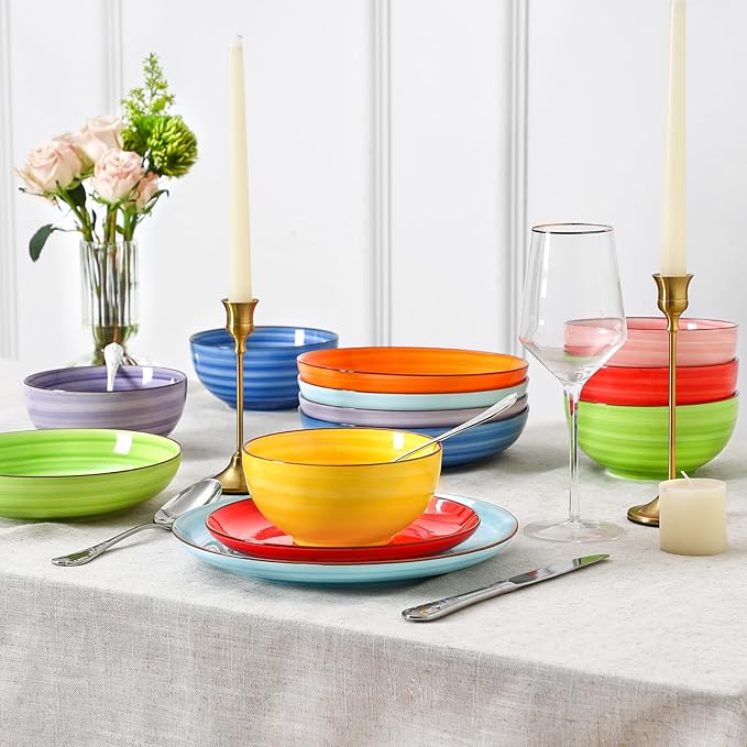 Selamica Ceramic Plates and Bowls Sets32 Pieces Dinnerware Sets for 8Scratch Resistant Dish Set for holiday gatheringDishwasher &amp Microwave Safe Dopamine Colors