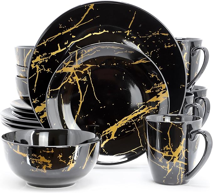 Elama Fine Marble 16 Piece Glossy Round Porcelain Dinnerware Set Black and Gold Tableware Set Serveware Set (Black)