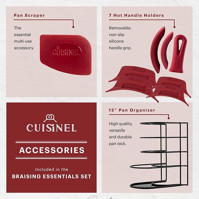 Cuisinel Cast Iron 16-Piece Pre-Seasoned Cookware Set - 8 + 12 Braiser Pans + Cast Iron Lids + 10 Skillet + 2-in-1 Multi-Cooker + 12 Organizer + Scraper + Silicone Handle Covers - Fire Oven Safe
