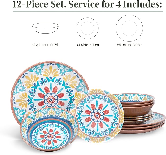 Larder &amp Vine 12-Piece Melamine Dinnerware Set: Durable Lightweight Break-Resistant Plates &amp Bowls – Stylish Non-Toxic Dishwasher Safe – Ideal for Everyday Use Indoor &amp Outdoor Dining