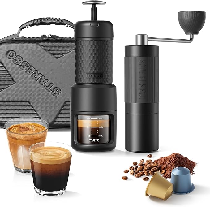 STARESSO 2026 Travel Kit Portable Espresso Maker &amp Grinder Set Dual Use for Ground Coffee &amp Pods No Power Needed Travel Case for Camping Hiking