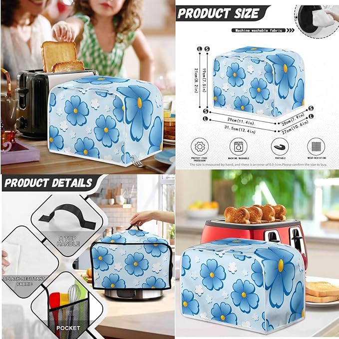 Blue Floral 4 Slice Toaster Cover Small Appliance Cover 3-Pcs SetBread Toaster  Blender and Slow Cooker Dust and Fingerprint Protection Machine Washable Kitchen Decor (Blue)
