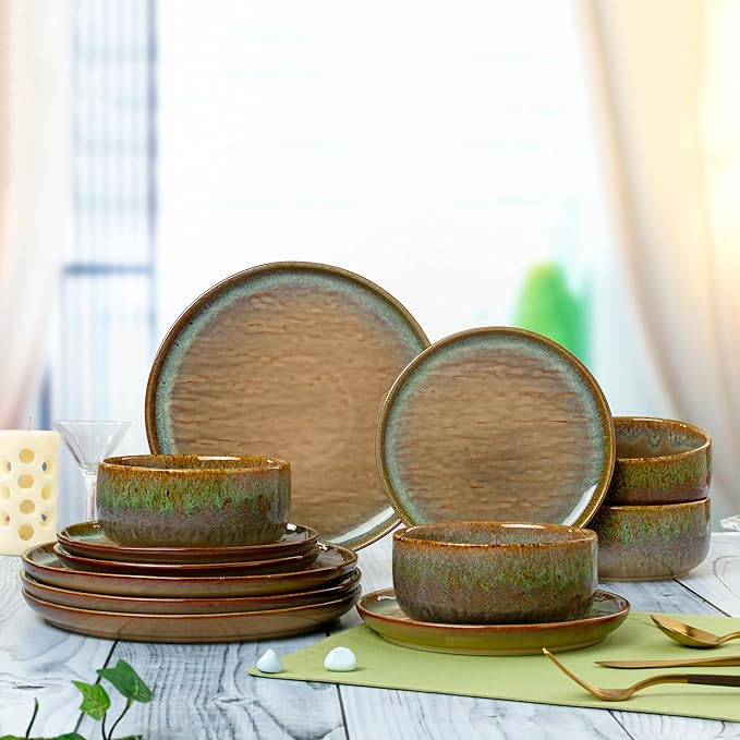 Joseph Sedgh Collection “Alyssa” 12-Piece Stoneware Dinnerware Set with Reactive Glaze Finish Service for 4 Brown Reactive Glaze