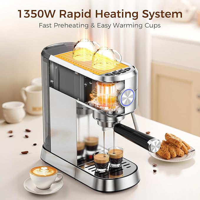 Kndko Espresso Machine 20 Bar Espresso Maker with Milk Frother Compact Stainless Steel Coffee Machine with 34oz Removable Water Tank for Cappuccino Latte