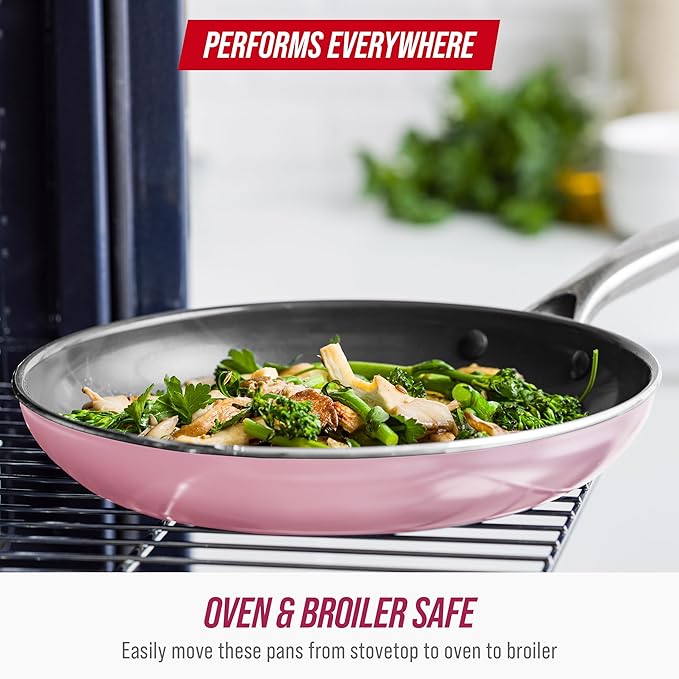 Blue Diamond 12 Nonstick Frying Pan with Lid Diamond Infused PFAS &amp PTFE-Free Ceramic Skillet Dishwasher &amp Oven Safe Stay Cool Handle Durable Non Toxic Metal Utensil Safe Glass Lid Pink