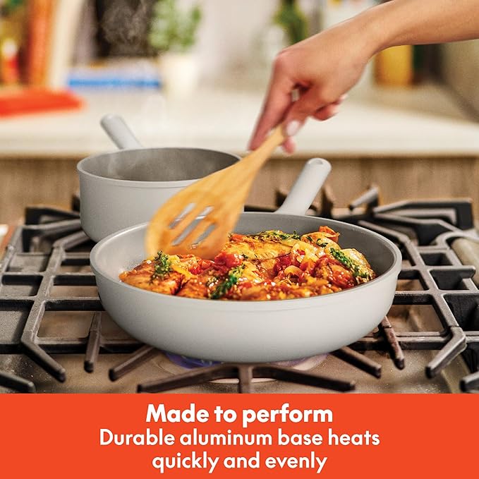 bella 7 Piece Cookware Set with EverGood™ Ceramic Nonstick Coating Dishwasher Safe Oven Safe All Stovetops Compatible Glass Lids with Silicone Rims Cool Touch Handles Oatmilk