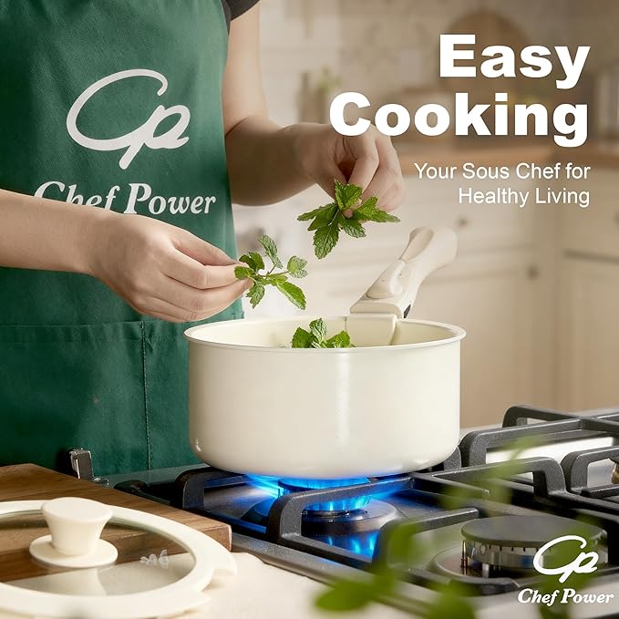 Chef Power Ceramic Nonstick Cookware Set 5 Piece with Detachable Handle Induction Dishwasher Oven Safe Pans and Pots Set RV Kicthen Set Removable Handle Cream White