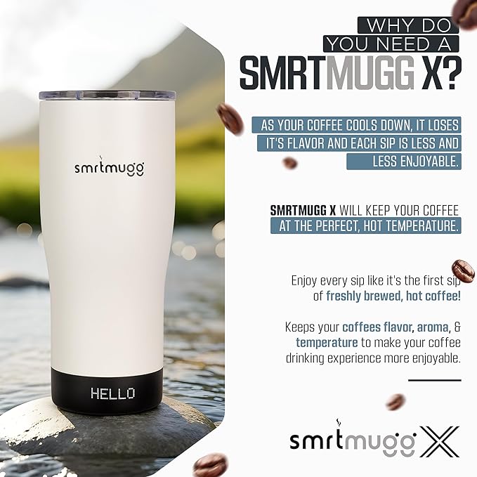 X Heated Coffee Mug 19 oz. 8 Hour Battery Life Self-Heating Adjustable Temp Controlled LCD Screen Includes Cover with Magnetic Slider (Black) (White)
