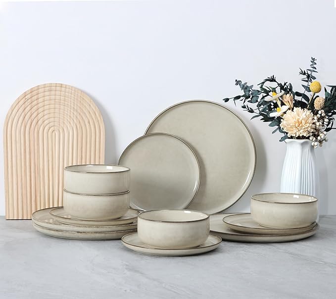 E-far Dinnerware Sets for 4 16-Piece Stoneware Plates and Bowls Set Reactive Glaze Dishes Dinning Ware Set Chip &amp Scratch Resistant Microwave &amp Dishwasher Safe - Sandy Beige
