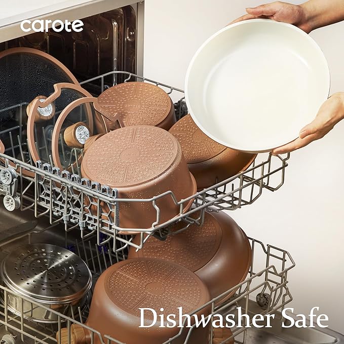 CAROTE 25-Piece Ceramic Cookware Set Nonstick Pots and Pans Set with Detachable Handle Non-Toxic Kitchen Cooking Set Dishwasher &amp Oven Safe Induction Compatible PFAS Free Chocolate