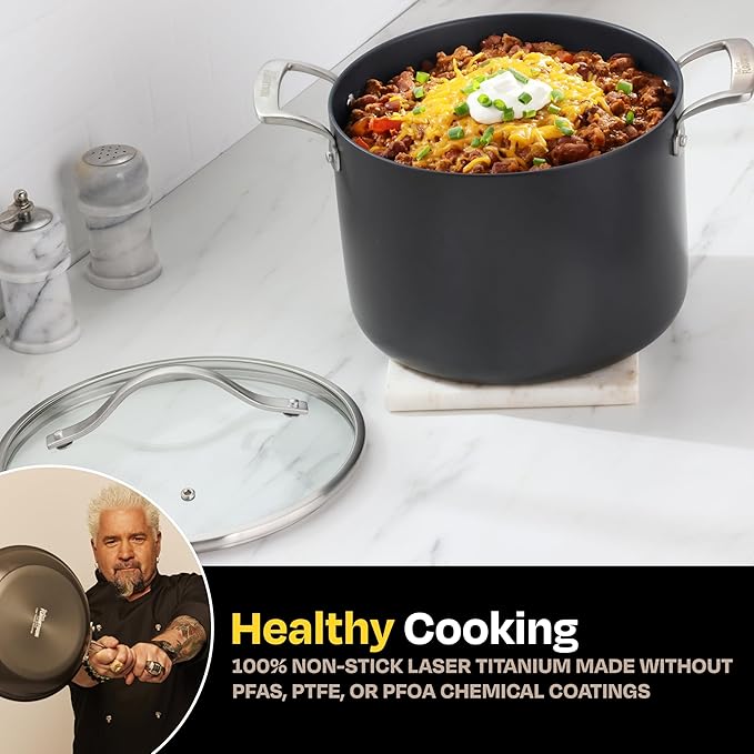 Guy Fieri's Flavortown Laser Titanium 8-Quart Stock Pot with Lid - Non-stick Cookware Without PFAS PTFE or PFOA 3x More Durable Dishwasher Safe Oven Safe