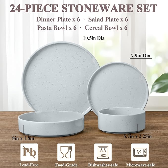 Herogo Stoneware Dinnerware Set with Salad Bowls 24 Piece Kitchen Dinner Dish Set for 6 Plates and Cereal Pasta Bowls Chip &amp Scratch Resistant Dishware Speckled Light Gray