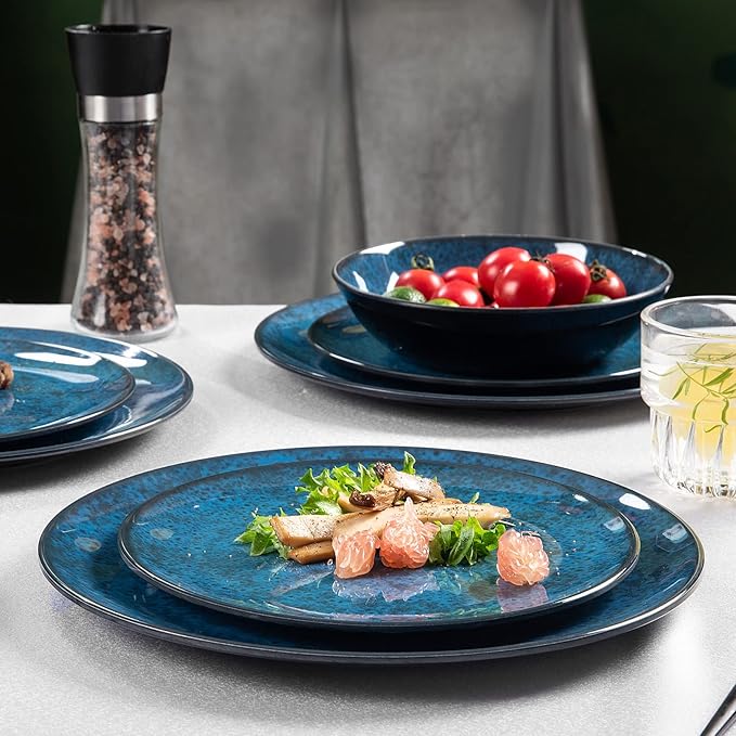 Melamine Dinnerware Sets for 4 Dinner Plates Bowls Set Unbreakable Melamine Classic Blue Dinnerware Dishwasher Safe Tableware Sets for Everyday Use 12 Pcs