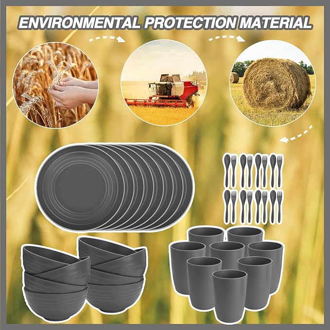 Shopwithgreen Wheat Straw Dinnerware Sets for 8 40 PCS Unbreakable Plates and Bowls Sets Reusable Dinner Dishes Set Bowls CupsPlates for Camping Kitchen RV DormDishwasher Microwave Safe