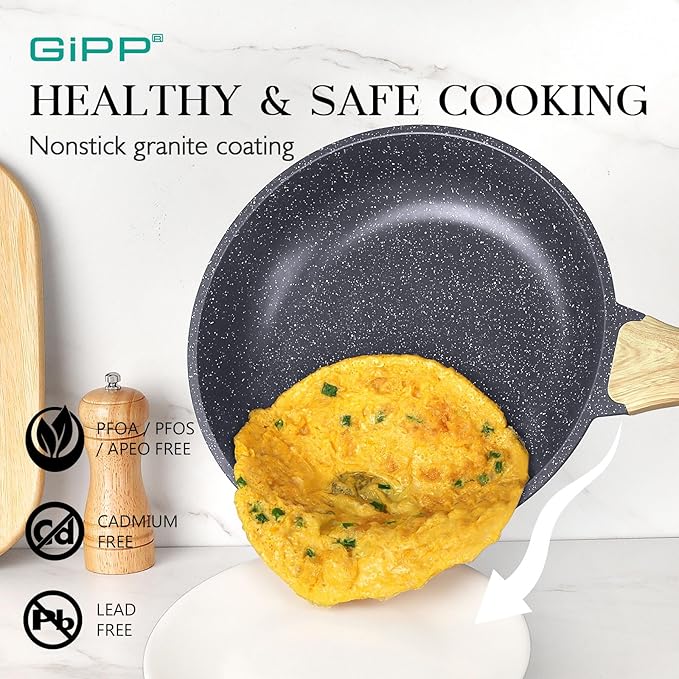 GiPP Pots and Pans Set Non Stick - 10 Piece Gray Granite Kitchen Cookware Sets Nonstick Induction Cookware Non-Toxic Cooking Pan Set with Silicone Utensils PFOS and PFOA Free