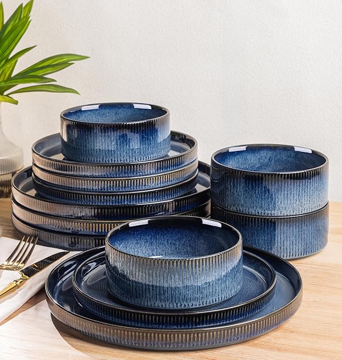 TheTerra Ceramic Dinnerware Sets for 4 12 Pieces Porcelain Lightweight Plates and Bowls Sets Scratch Resistant Dish Set Oven &amp Microwave &amp Dishwasher Safe Starry Blue