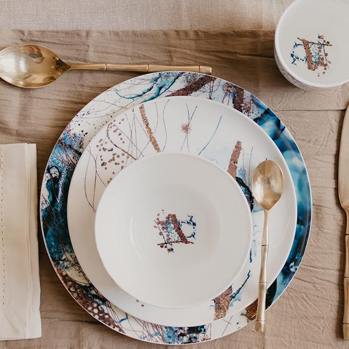 KOKEN - Ocean Blue 16 Piece Dinnerware Set (Service for 4) fine bone china - Dish Plates and Bowls Sets Service for 4 Dinner Salad Dessert Plates and Cereal Bowls Set Blue - Microwave safe