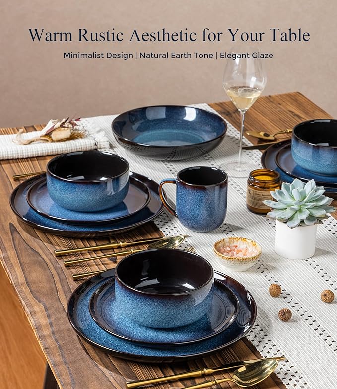 LERATIO Ceramic Dinnerware Sets with Pasta Bowls for 4Reactive Glaze Plates and Bowls SetsOven &ampMicrowave &amp Dishwasher SafeLight Weight &amp Scratch Resistant Dishes Sets-Service for 4 (16