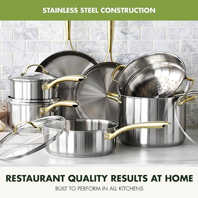 GreenPan Stainless Steel Cookware Set 11 Piece Induction Cookware Dishwasher Safe Oven Safe to 600F Large 8QT Stock Pot Sauce Saute Frying Pans Pots &amp Pans Kitchen Essentials Gold