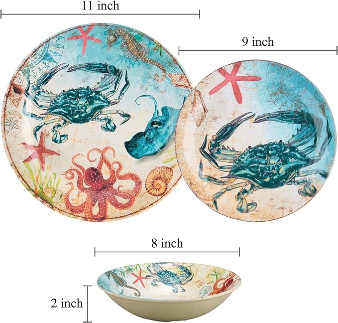 UPware 12 Piece Crab Melamine Dinnerware Sets Outdoor Dishes Set Plates and Bowls Sets Service for 4 Multicolor