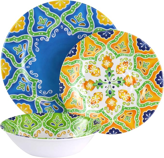 12-Piece Melamine Dinnerware Set Mandala Pattern Design Glossy Finish Shatter-Resistant Lightweight &amp Dishwasher Safe Ideal for Outdoor Picnic Camping &amp Household Daily Use