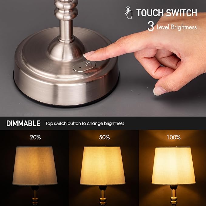 O’Bright Seraph mini – Cordless LED Table Lamp with Dimmer Built-in Rechargeable Battery 3-Level Brightness Patio Table Lamp Bedside Night Lamp Ambient Light for Restaurant Brushed Nickel