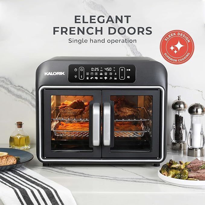 Kalorik Air Fryer Convection Oven Designer Series 26-Quart with Dual Speed Fan Easy Pull French Doors and 14 Smart Cooking Presets Includes 5 Cooking Accessories 1700-Watts Black