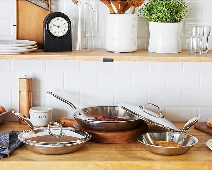 Heritage Steel 5 Piece Fry Pan Set | Made In USA | Titanium Series | 316Ti Skillet with Stay Cool Handle | Fully Clad Stainless Steel Pan with 5-Ply Construction | Induction Ready &amp Non Toxic