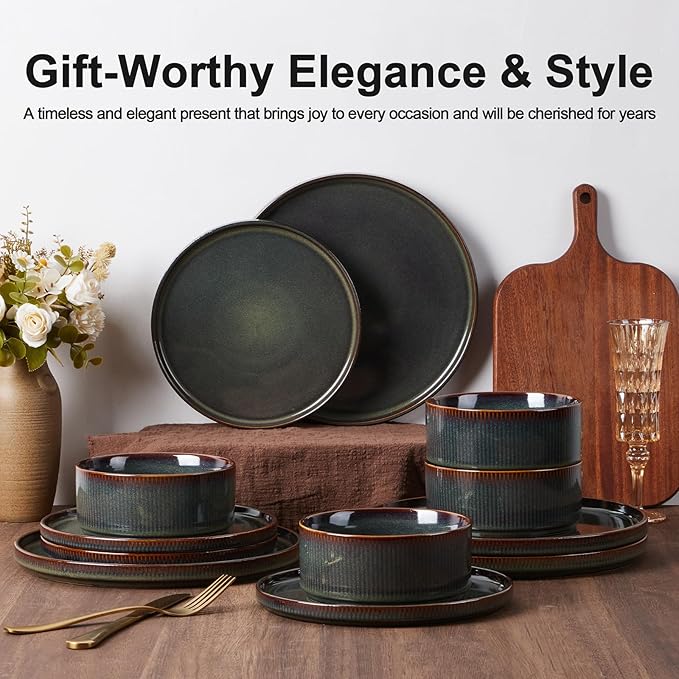 Vesteel Dinnerware Set for 4 12-Piece Stoneware Ribbed Dishes with Reactive Glaze Ceramic Plates and Bowls Set for Home Restaurant Chip &amp Scratch Resistant - Blackish Green