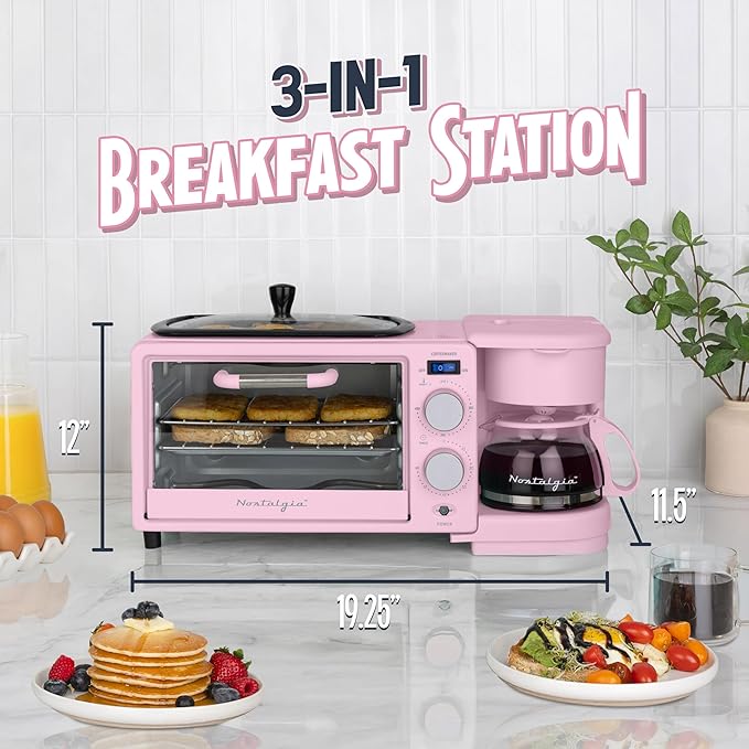 Nostalgia 3-in-1 Retro Breakfast Station - Includes 5 Cup Coffee Maker Non-Stick Ceramic Griddle and 4-Slice Toaster Oven - Built-In Timer Reusable Coffee Filter Space-Saving Design - Pink