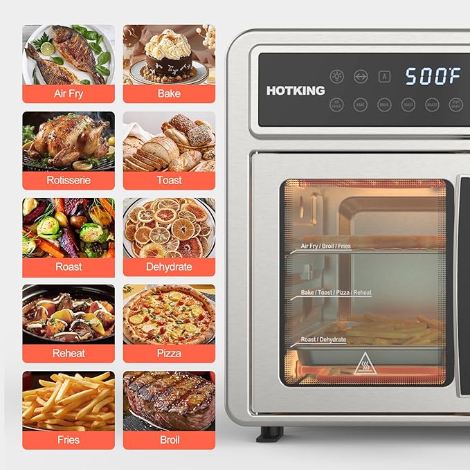 HotKing Dual-Zone Air Fryer Toaster Oven Combo 28 QT Extra Large Non Toxic Stainless Steel Convection Oven with French Door Countertop Airfryer with Window Racks Rotisserie Dehydrator ETL Rated