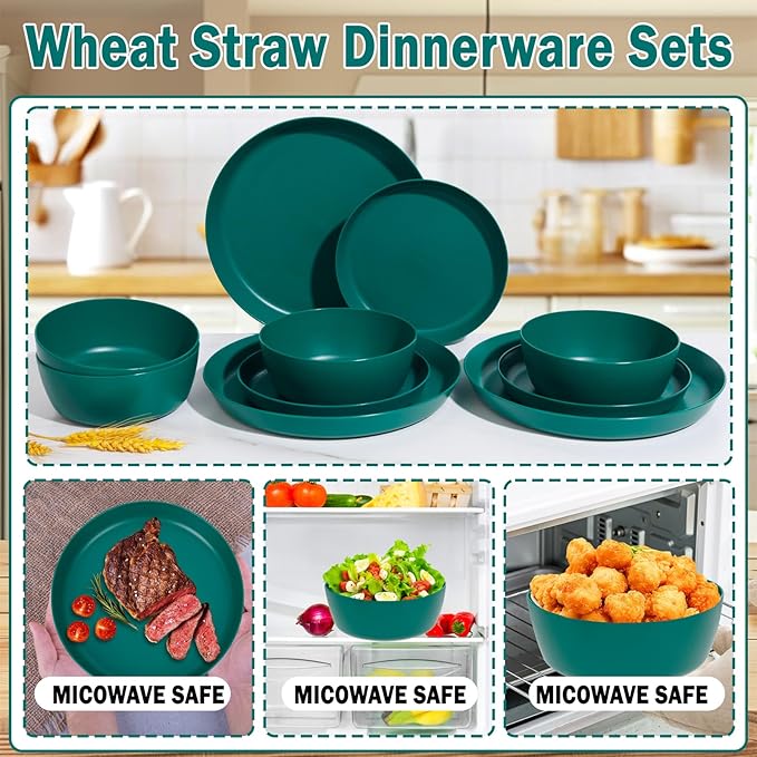 EI 12pcs Dark Green Wheat Straw PlatesPlate and Bowls SetsWheat Straw Dinnerware SetUnbreakabl Plastic Plates ReusableeMelamine Dinnerware Sets
