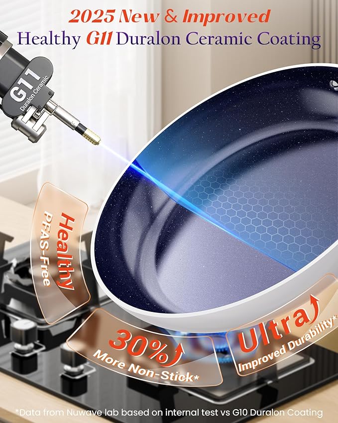 Nuwave Essential Series 5PC Ceramic Cookware Set PFAS-Free G11 Duralon Blue Coating Pots and Pans Set Non Stick Diamond Scratch-ResistantStay-Cool Handle Metal LidInduction ReadyDishwasher Safe