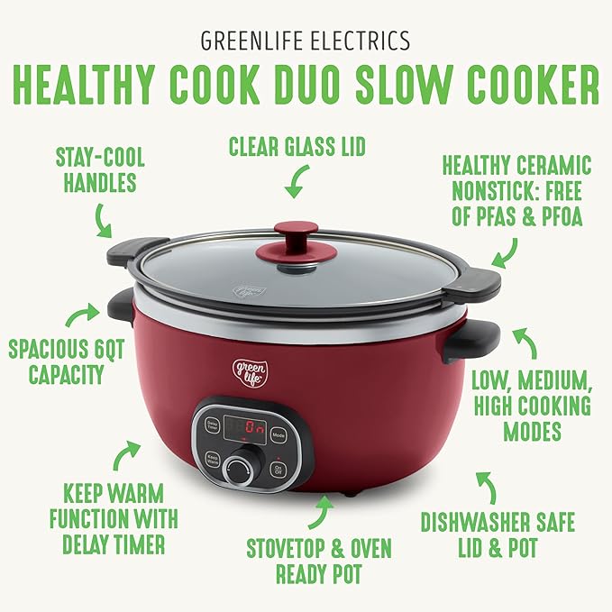 GreenLife Soft Grip 16 Piece Healthy Ceramic Nonstick Cookware Set Pots and Pans Set 6-Quart Slow Cooker PFAS &amp PFOA-Free Dishwasher Safe Oven Safe Versatile Kitchen Essentials Red
