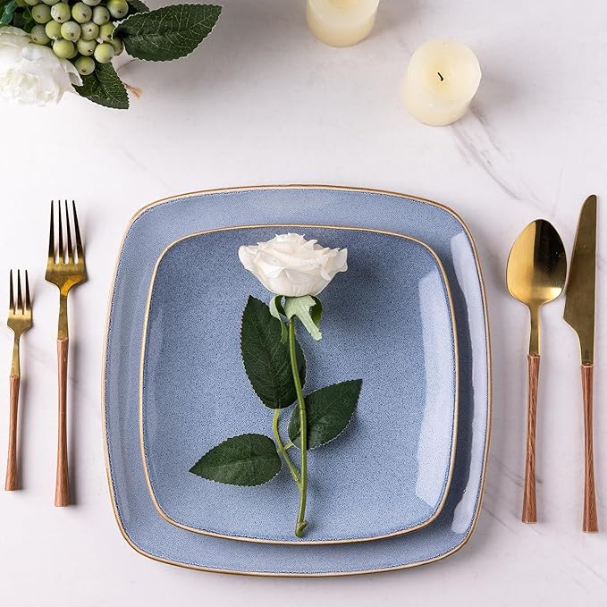 AmorArc Ceramic Dinnerware Sets for 4 12 Pieces Square Handpainted Plates and Bowls Set Chip and Scratch Resistant Stoneware Dishes Set Dishwasher &amp Microwave Safe Reactive Blue