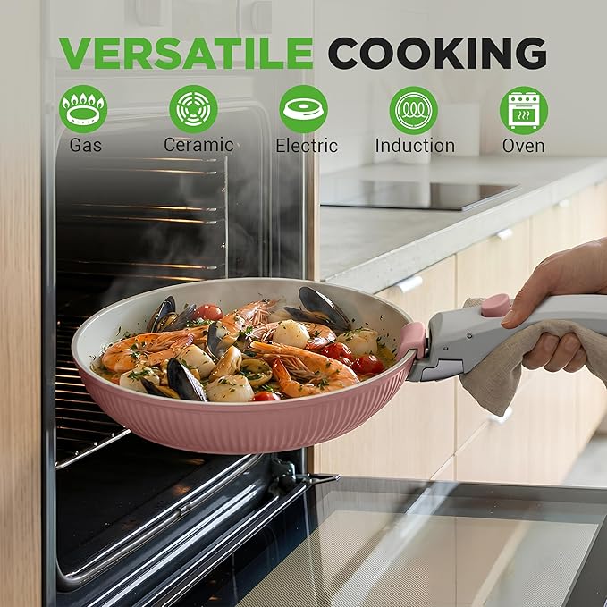 NutriChef 18-Piece Ceramic Cookware Set with Detachable Handles Non Stick Pots and Pans PTFE-Free Natural Ceramic Coating Space-Saving Design Oven &amp Stove Safe Includes Utensils Pink