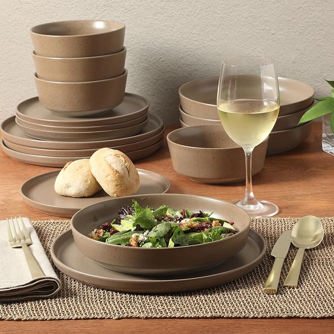 Gibson Elite Overbrook 16-Piece Pottery Clay Stoneware Dinnerware Set – Terraccotta Brown Reactive Glaze Stackable Plates and Bowls w/Pasta Bowl Service for 4 – Microwave &amp Dishwasher Safe
