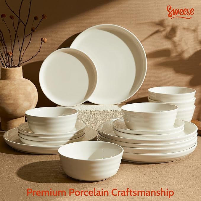 Sweese Plates and Bowls Sets18 Pieces Modern Porcelain Dinnerware Set for 6 Handcrafted Uniqe Dinner Set Ceramic Dishware Dishes Microwave and Dishwasher Safe White