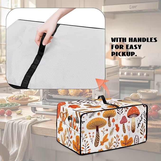 Mushroom Leaf Toaster Oven Cover Heavy Duty Heat-resistant Protective Case Faux Linen Polyester Protector with Handle &amp Pockets for Everyday Home Kitchens