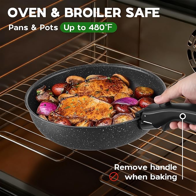 Walchoice 5Pcs Pots and Pans Set Granite Nonstick Cookware Set with Detachable Handle Stackable Kitchen Cooking Set with Saucepan Frying Pans Induction Compatible &amp Oven Safe - Black