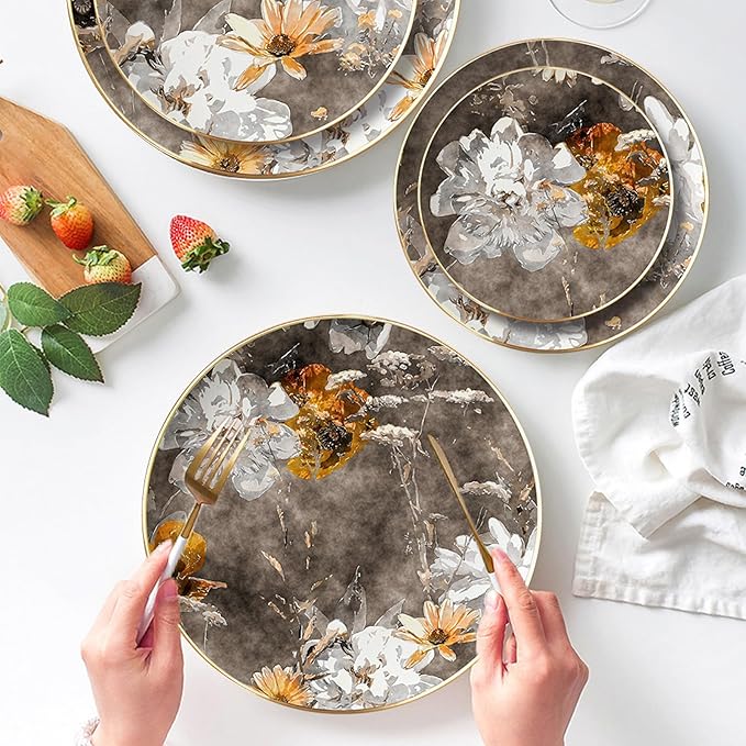 bone china dinnerware sets for 6 kitchen dishes set tableware set for dining include 6.5&amp8&amp10.5&amp12 inch plate European retro floral design