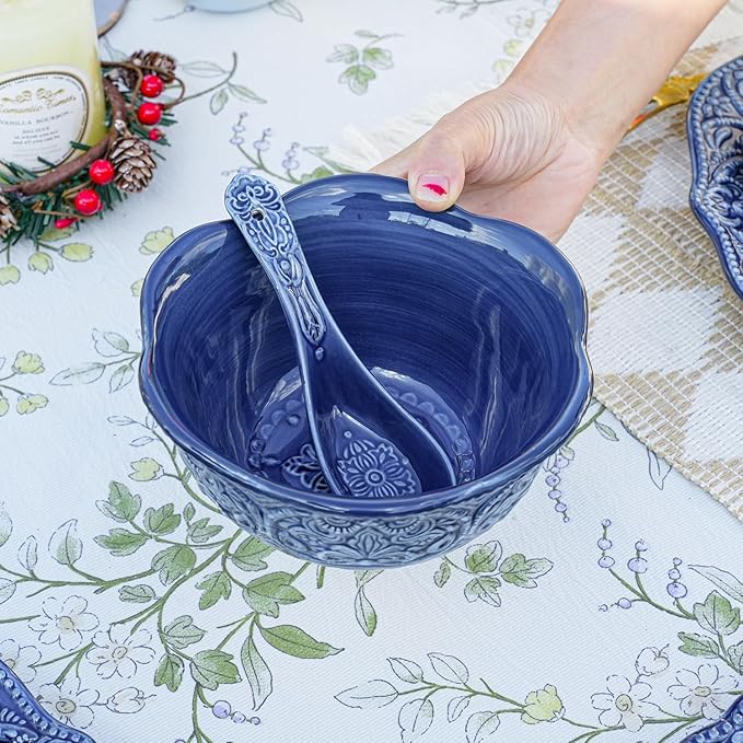 Sungmor Embossed Stoneware Fine Dining Dinnerware Antique Baroque Style Porcelain 6 Inch (20 oz) Flower Shape Bowls Set of 4 Sophisticated Ceramic Bowls for Soup Cereal Oatmeal Rice Pasta Salad
