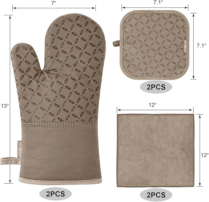 KEGOUU Oven Mitts and Pot Holders 6pcs Set Kitchen Oven Glove High Heat Resistant 500 Degree Extra Long Oven Mitts and Potholder with Non-Slip Silicone Surface for Cooking (Khaki)