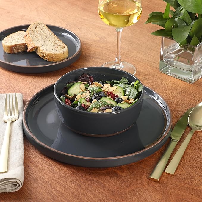 Gibson Elite Northrock Stoneware Dinnerware Set 12-Piece Service for 4 Plates and Bowls Set – Charcoal Blue Dishes with Hand-Painted Terracotta Base