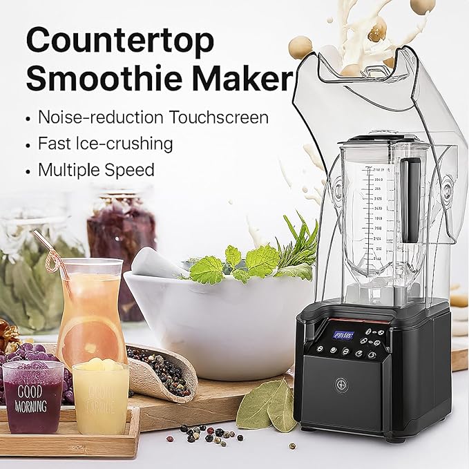 2200W Quiet Commercial Blender with Soundproof Shield – 2.2L Countertop Smoothie Maker with Smart Touch Screen – High Speed Food Blender for Ice Juices Shakes Restaurants Home UseBlack