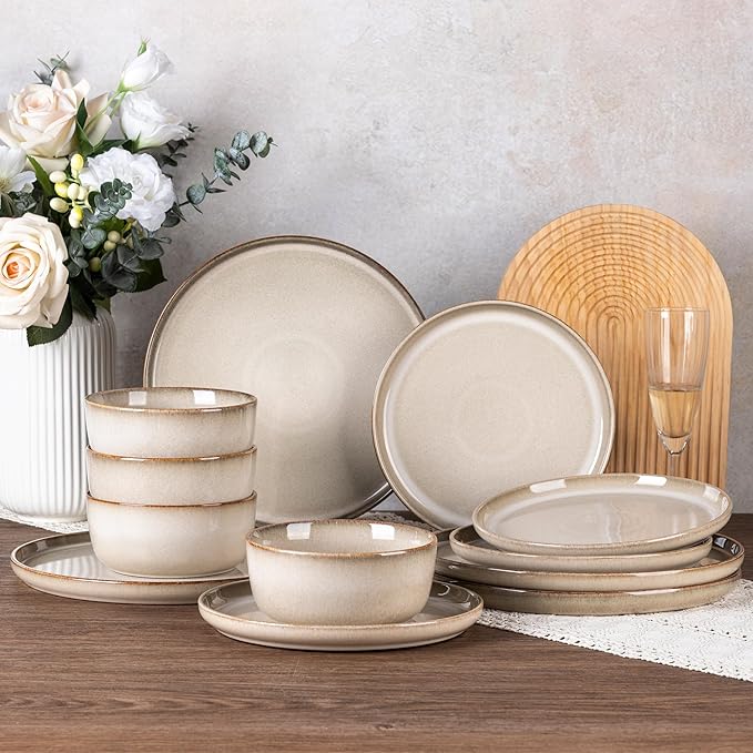GBHOME Dinnerware Sets for 4 12 Pieces Stoneware Plates and Bowls Sets Scratch Resistant Ceramic Dishes Dishwasher &amp Microwave Safe Reactive Glaze-Almond Cream