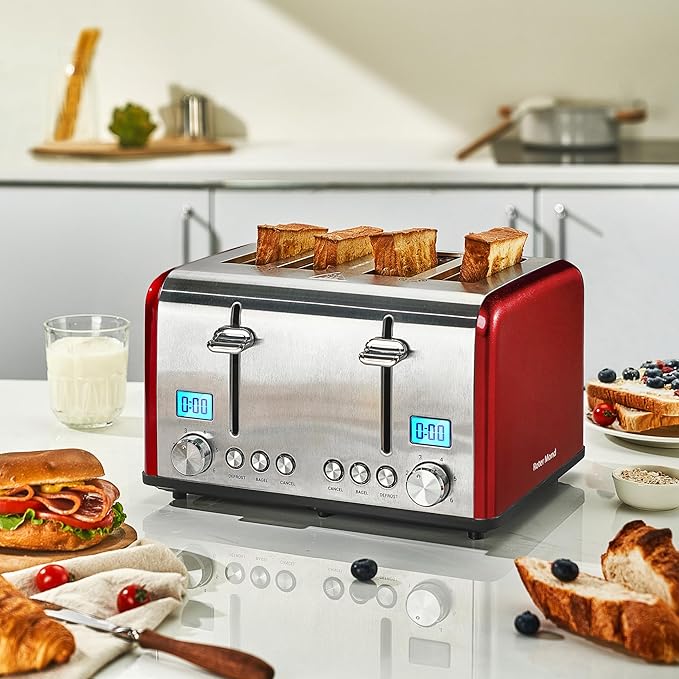 Roter Mond Countdown Stainless Steel 4 Slice Toaster with Bagel Defrost Cancel Function Dual Toaster Extra Wide Slots 6 Shade Settings Removable Crumb Trays 1650W Red