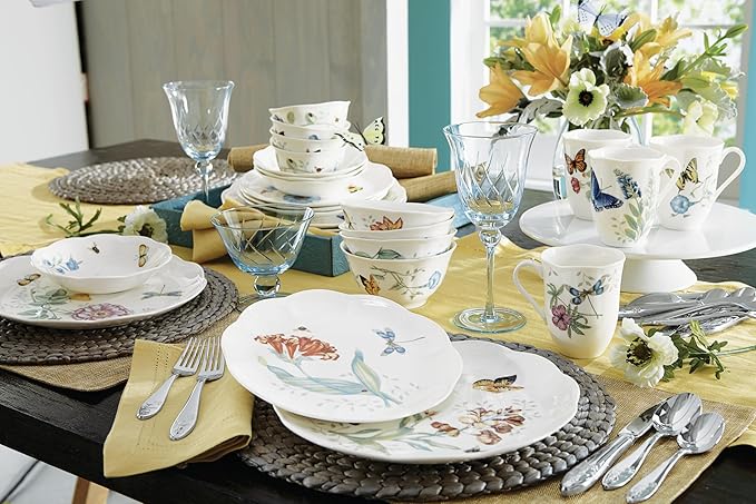 Lenox Dinnerware Set Butterfly Meadow 28-Piece Set Service For 4 Porcelain Plates With Scalloped Edges Plates And Bowls Sets Microwave Safe Dishwasher Safe Home &amp Kitchen (28 Piece Assorte